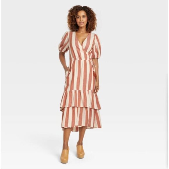 Knox Rose Women's Tiered Midi Wrap Dress Short Sleeve Vertical Stripe XS Cotton - Picture 3 of 5